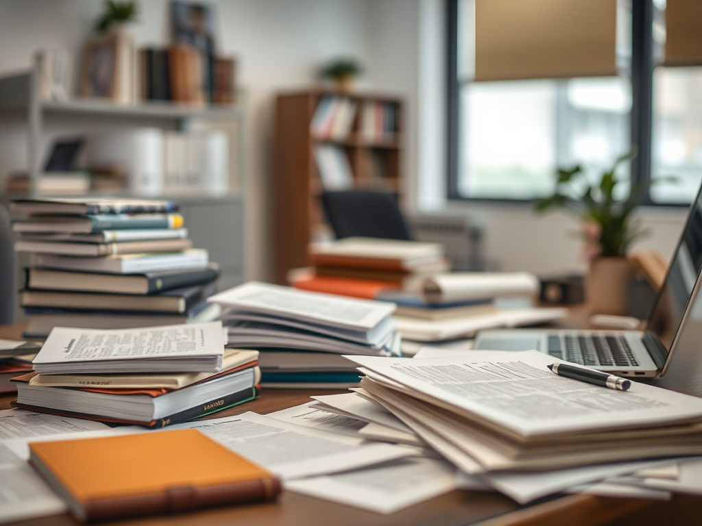 A close-up of a textured, vintage leather-bound journal resting atop a minimalist concrete shelf, with a carefully stacked selection of muted, cloth-covered books in the background. The surface has subtle gradients of shadow and light, created by a soft, overcast natural window light from the left. The journal’s spine faces outward, highlighted by delicate silver embossing, signifying heritage and wisdom. The mood is serene and studious, establishing an air of quiet reflection and subtle sophistication. Shot from a slightly elevated angle, the composition uses the rule of thirds to elegantly frame the scene, embodying a refined, photographic approach expected of a cultured personal writing and book site.